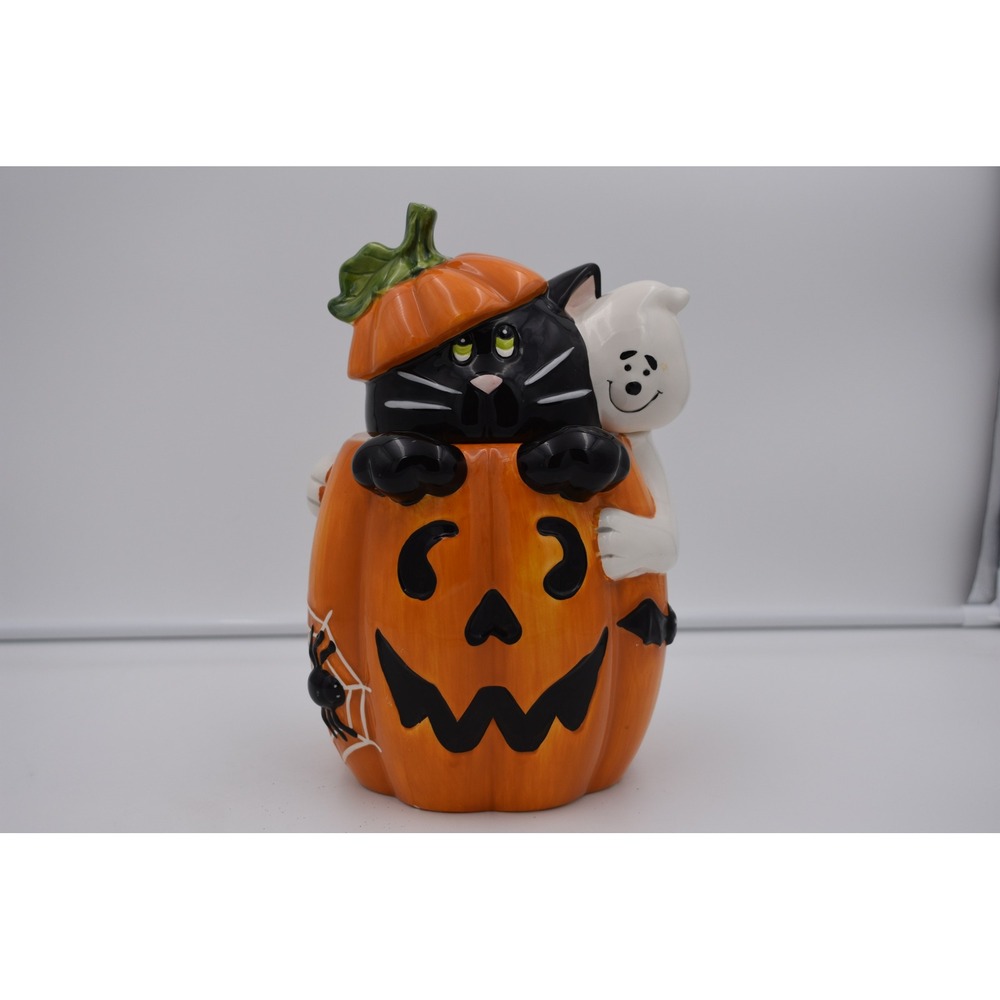 Halloween Ceramic Cookie Jar Black Cat Ghost Jack-O-Lantern Pumpkin Canister